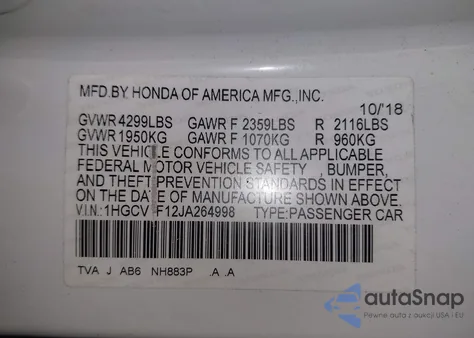 2018 Honda Accord Lx from USA, damaged, VIN 1HGCV1F12JA264998
